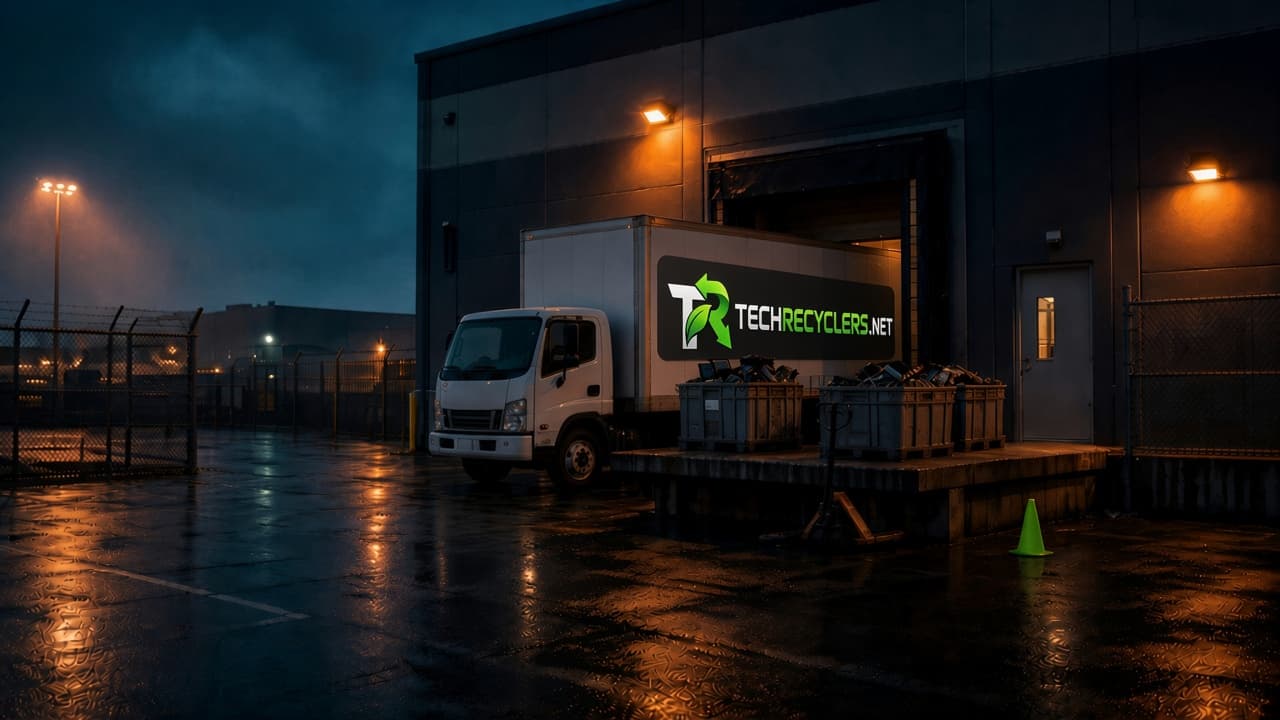 Box truck at a loading dock with electronics ready for pickup