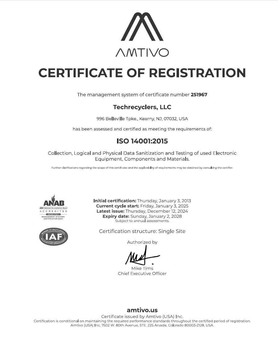 ISO 14001:2015 certificate of registration for TechRecyclers, LLC, issued by Amtivo