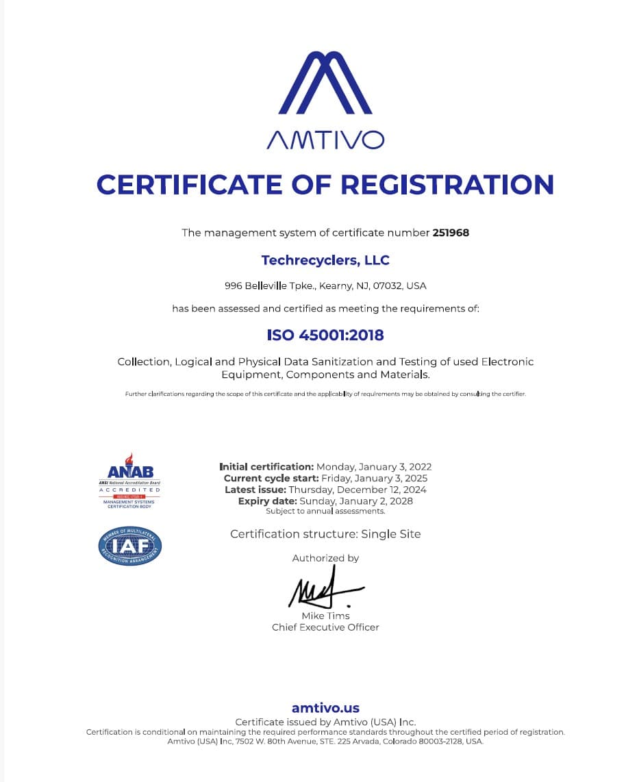 ISO 45001:2018 certificate of registration for TechRecyclers, LLC, issued by Amtivo