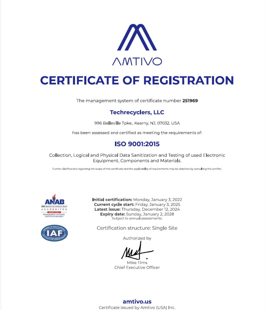 ISO 9001:2015 certificate of registration for TechRecyclers, LLC, issued by Amtivo