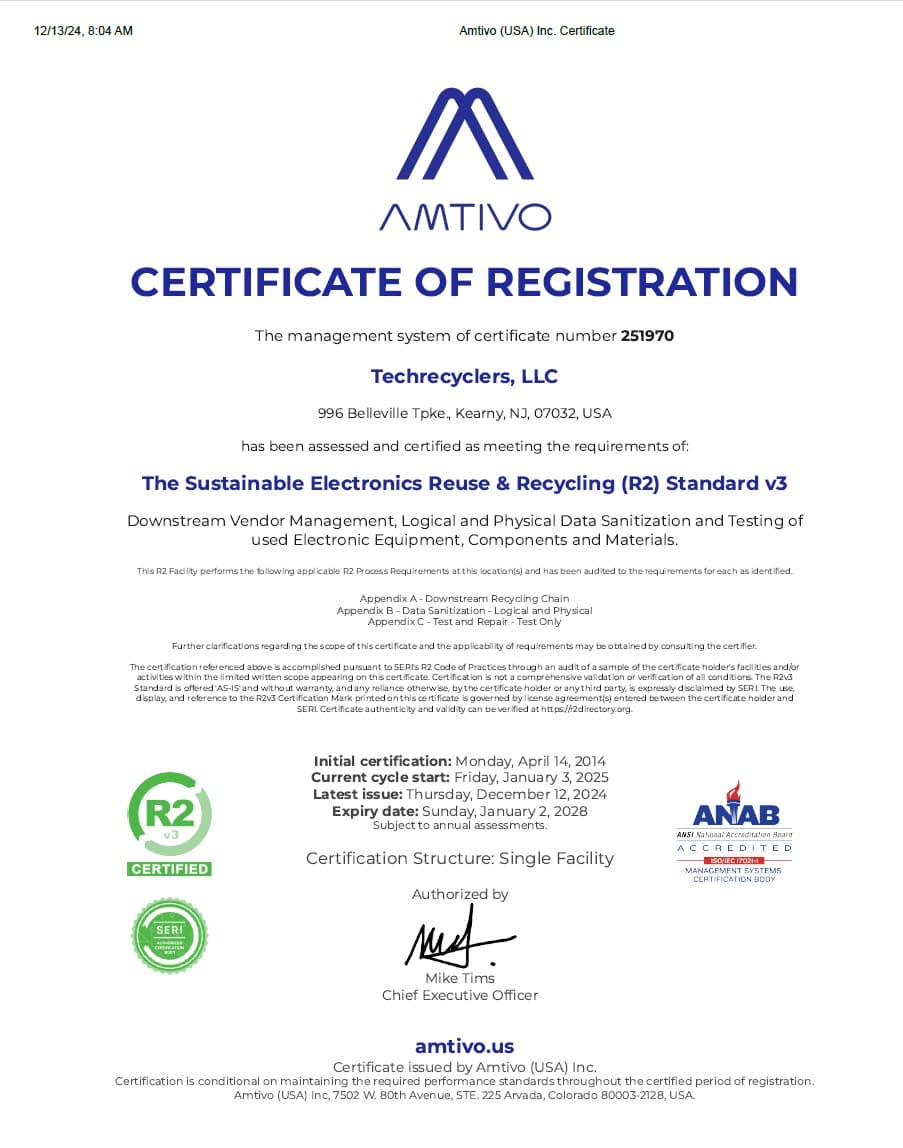 R2v3 certificate of registration for TechRecyclers, LLC, issued by Amtivo