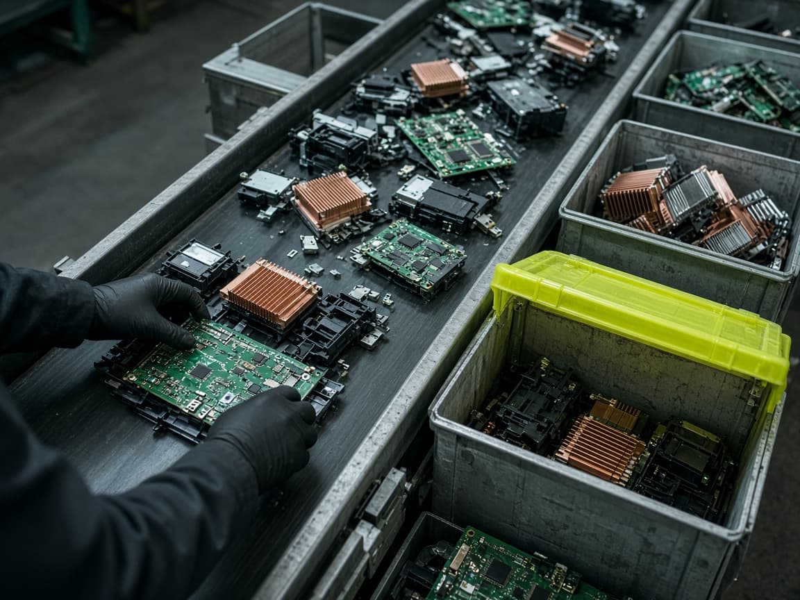 Circuit boards and sorted e-waste on a recycling line