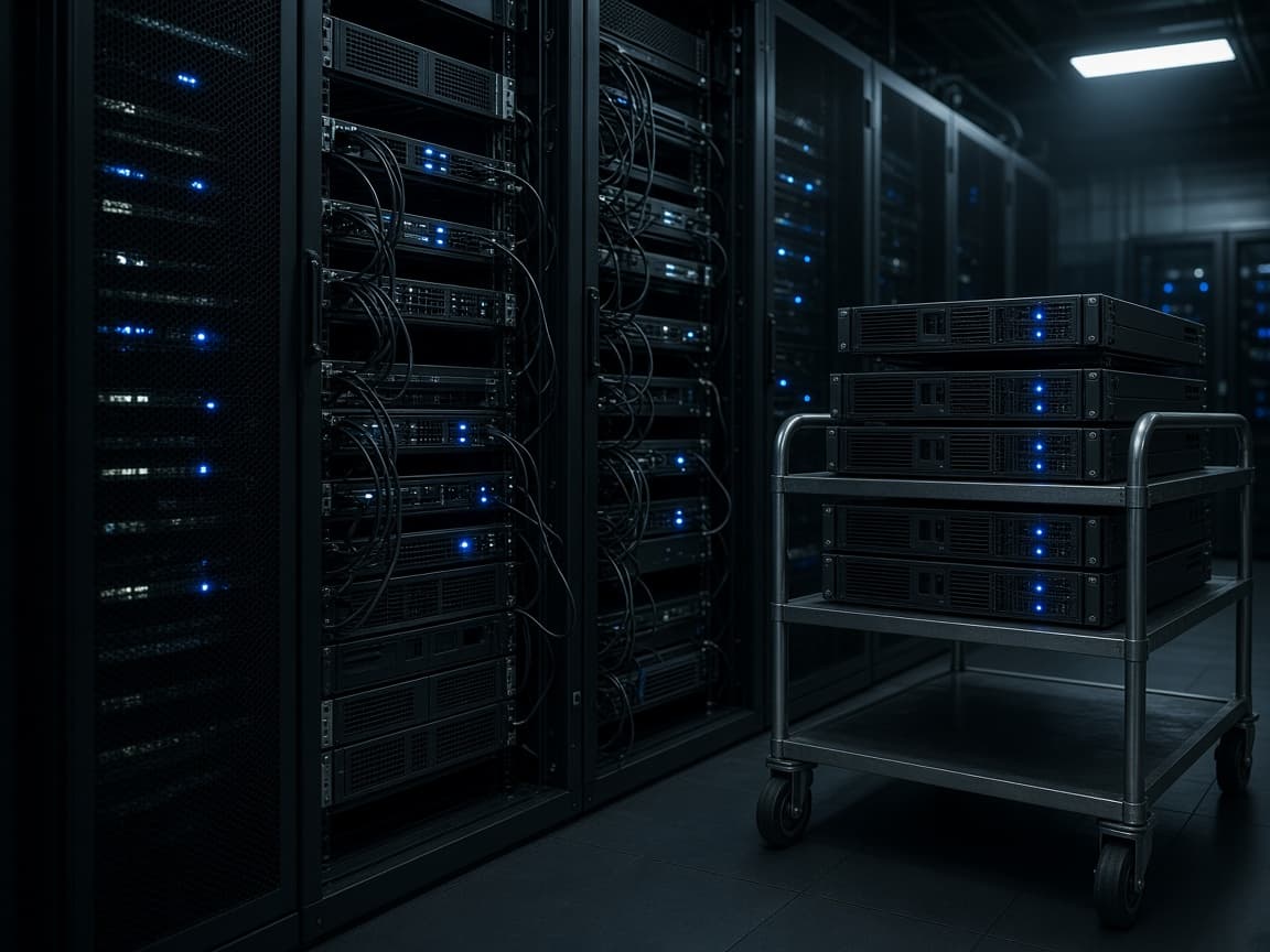 Server racks being emptied during a data center decommission