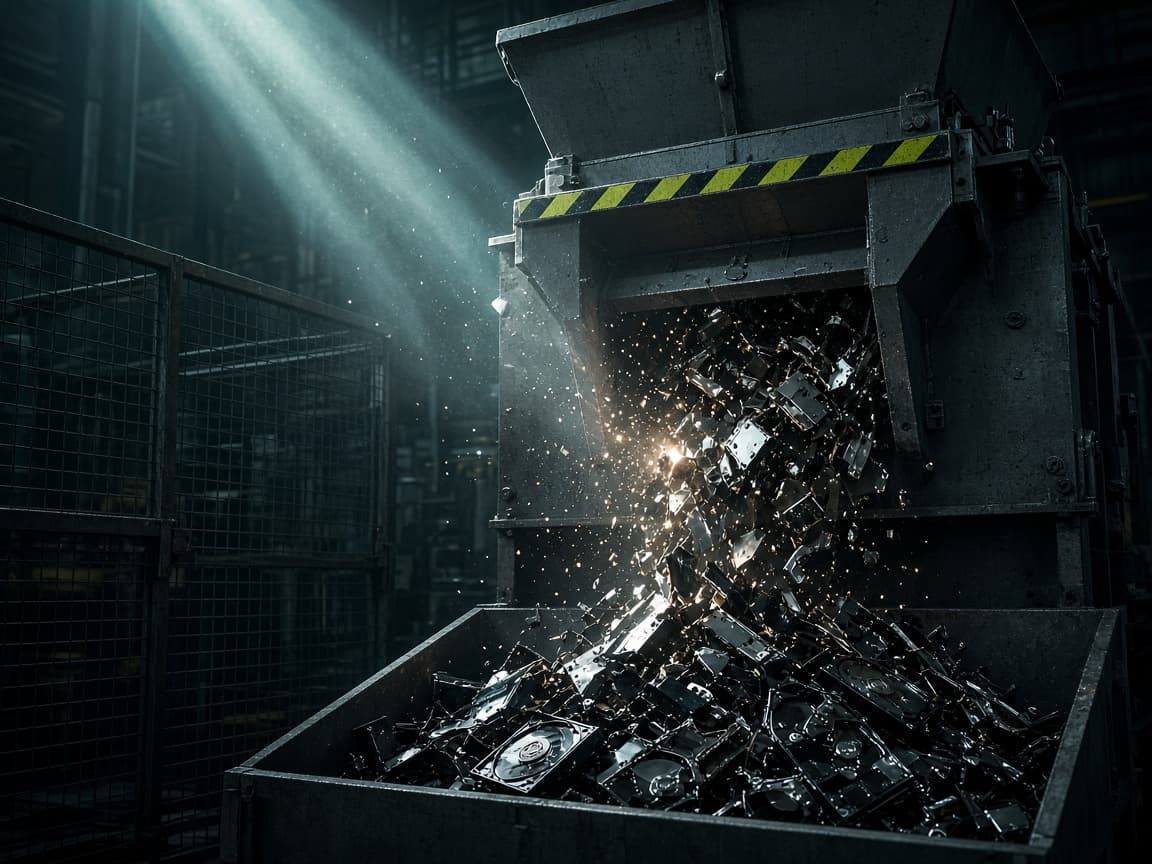 Industrial hard-drive shredder with opened drives and shredded media