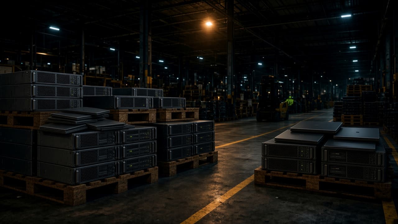 Warehouse floor with palletized servers and retired IT equipment under industrial lighting