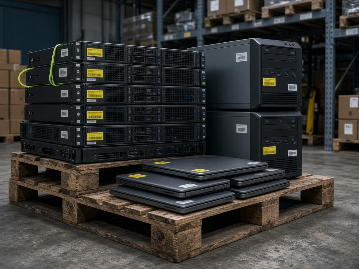 Palletized servers, laptops, and tagged IT assets on a warehouse floor
